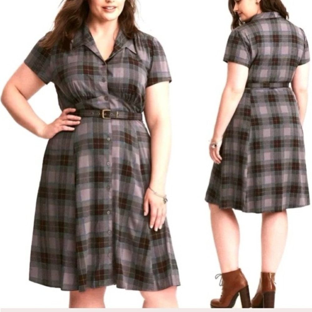 Plus Size Gray Plaid Button-Front Shirt Dress